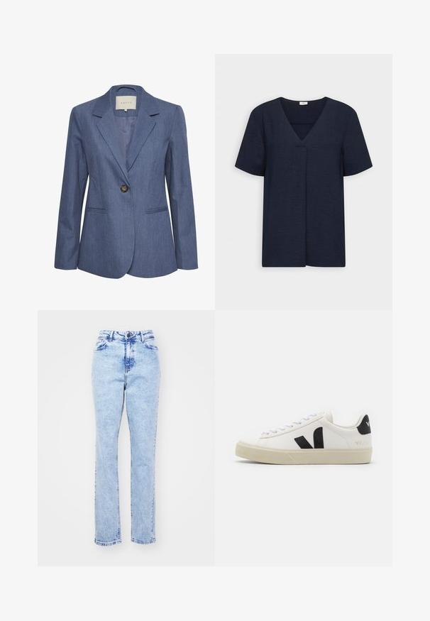Blå denimblazer med spidse lapels, enkel knaplukning og to forlommer. Glat tekstur og skræddersyet pasform.; JDY JDYDIVYA - Bluse - sky captain; Lys blå denim jeans med lige ben, høj talje, fem lommer og en metalknaplukning. Mørknet struktur med subtile syningsdetaljer.; Hvide lædersneakers med sort gummiv V-logo. Tekstureret off-white sål, hvide snørebånd og bagside med brandnavn i sort.