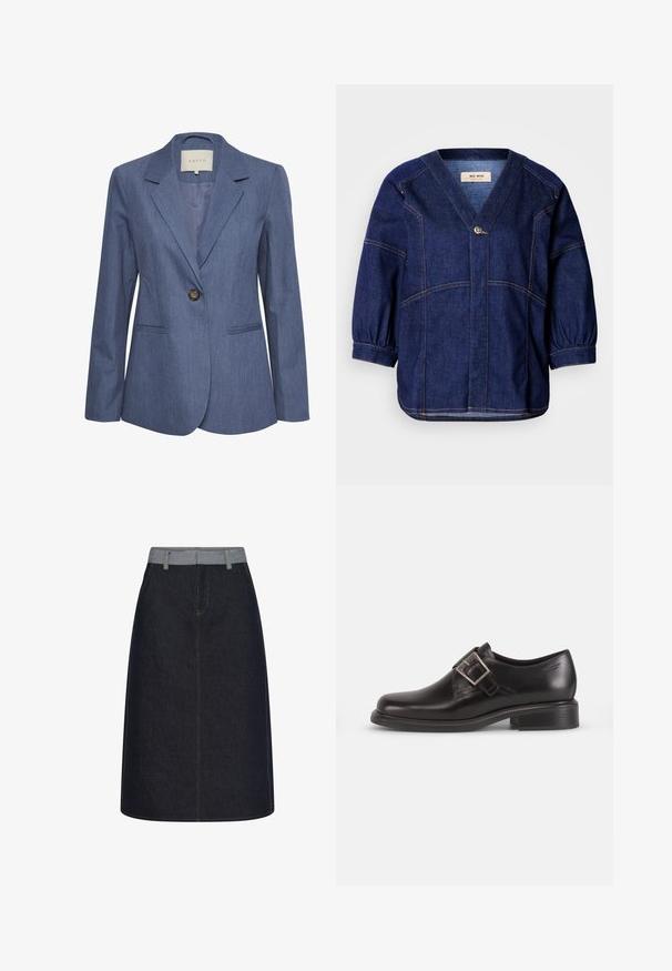 Blauwe denim blazer met gekartelde revers, een enkele knoopsluiting en twee zijzakken. Glad textuur en op maat gemaakte pasvorm.; Donkerblauwe denim jack met een V-hals, wijde mouwen en gathered manchetten. Voorzien van contrasterende stiksels en een enkele voorknoopdecoratie.; Donkerblauwe jeans A-lijn rok met lichtblauwe tailleband en lussen voor een riem, met contrasterende stiksels en een detail van een naad aan de voorkant.; Zwarte lederen dresscode schoenen met een afgeronde neus, een zijriem met gespsluiting en een gestructureerde zool, tegen een eenvoudige witte achtergrond.