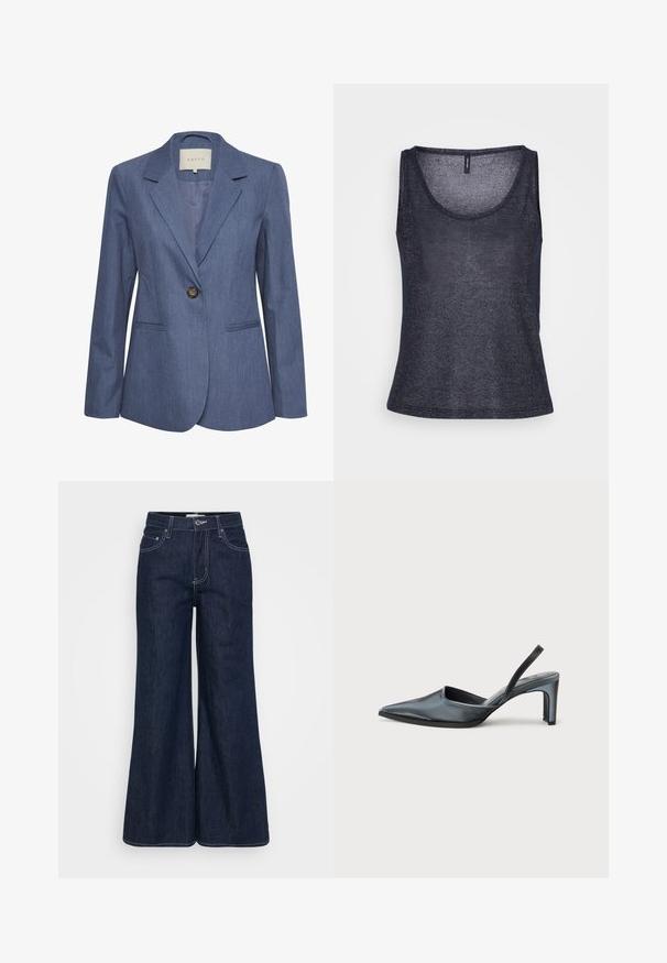 Blauwe denim blazer met gekartelde revers, een enkele knoopsluiting en twee zijzakken. Glad textuur en op maat gemaakte pasvorm.; Marineblauwe tanktop van lichtgewicht, gestructureerde stof met een ronde halslijn en een overall ontspannen pasvorm. Geen aanvullende ontwerpd detalhes opgemerkt.; Donkere denim wijde broek met een hoge tailleband, voorzien van voorzakken, contrasterende stiksels en een nette zoom.; Zwarte slingback hak met een puntige neus, een gladde satijnen afwerking en een slanke hak van 7,5 cm. Open zijkantontwerp met minimale stikdetails.