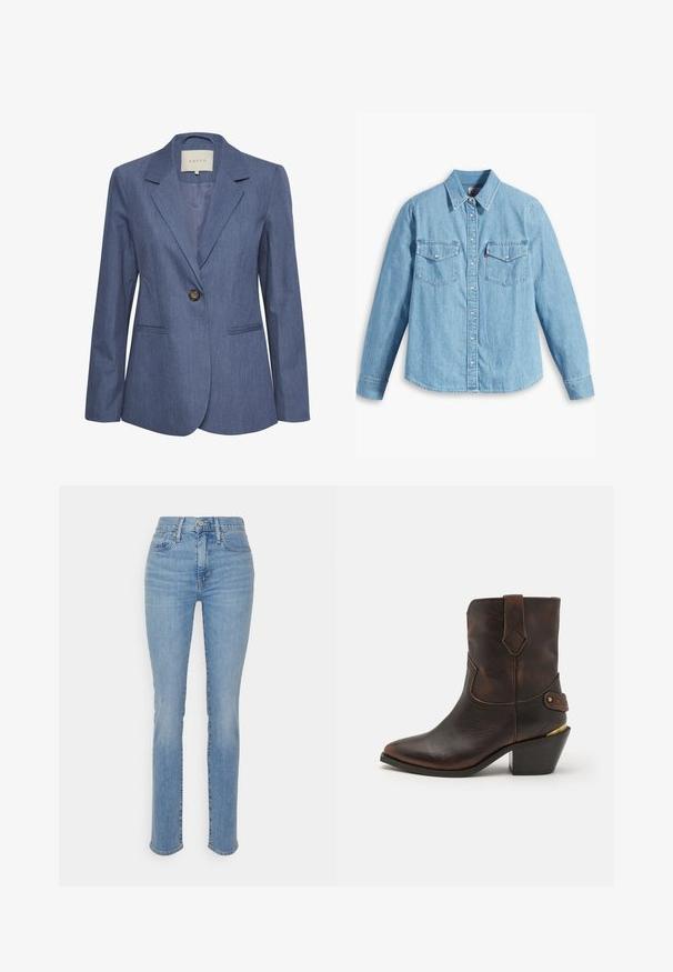 Blauwe denim blazer met gekartelde revers, een enkele knoopsluiting en twee zijzakken. Glad textuur en op maat gemaakte pasvorm.; Lichtblauwe spijker blouse met lange mouwen, puntige kraag, twee borstzakken, knoopsluiting en subtiele textuur. Geen zichtbare patronen.; Lichtblauwe denim jeans met een rechte pijp, hoge taille en klassiek vijf-pocket ontwerp. Voorzien van een voorste rits en knoopsluiting.; Bruine leren cowboylaars met een puntenneus en gestapelde hak. Voorzien van een decoratief ruitpatroon en een riem met hardware accent.