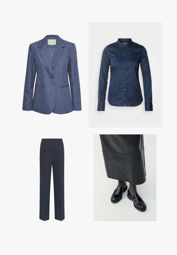 Blauer Jeansblazer mit eingelegten Revers, einem einzelnen Knopfverschluss und zwei vorderen Taschen. Glatte Textur und taillierte Passform.; Dunkelblaues Langarmhemd mit Knopfleiste, spitzem Kragen und Manschetten. Glatte Textur mit einem taillierten Design und geradem Saum.; Marineblaue, maßgeschneiderte Hose mit geradem Bein, mit einem vorderen Knopfverschluss und dezenten Faltendetails. Glatte Stofftextur.; Schwarze Lederloafers mit glatter Oberfläche, verziert mit einem dekorativen Riemen, runder Zehenpartie und texturierten Sohlen. Getragen mit einem langen schwarzen Lederrock.