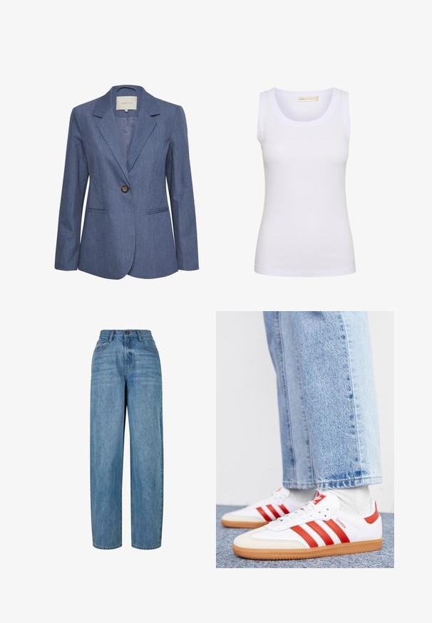 Blauwe denim blazer met gekartelde revers, een enkele knoopsluiting en twee zijzakken. Glad textuur en op maat gemaakte pasvorm.; Witte geribbelde mouwloze tanktop met ronde hals, klein merketiket aan de binnenkant van de kraag en een getailleerde pasvorm.; Lichtblauwe denim jeans met een recht gesneden design, voorzien van een knoopsluiting, vijf zakken en subtiele vervagingen door de stof.; Witte leren sneakers met rode strepen en accenten. Voorzien van een getextureerde gumrubberen outsole en een gevoerde kraag. Draag ze met lichtblauwe denim.