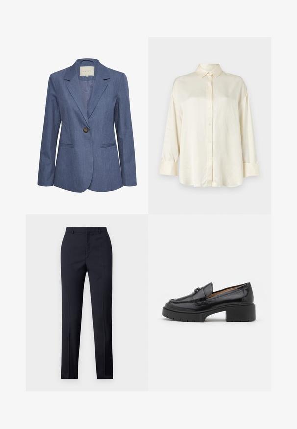 Blauwe denim blazer met gekartelde revers, een enkele knoopsluiting en twee zijzakken. Glad textuur en op maat gemaakte pasvorm.; Crème-kleurig langemouwen shirt met knoopsluiting aan de voorkant, spitse kraag en manchetten van een gladde stof.; Marineblauwe, op maat gemaakte broek met een rechte snit, met een gladde textuur, twee zijzakken en een schone tailleband.; Zwarte leren instapper met een lage blokhak, ronde neus, decoratieve strap en een geprofileerde stikselafwerking op de bovenkant. Gladde afwerking.