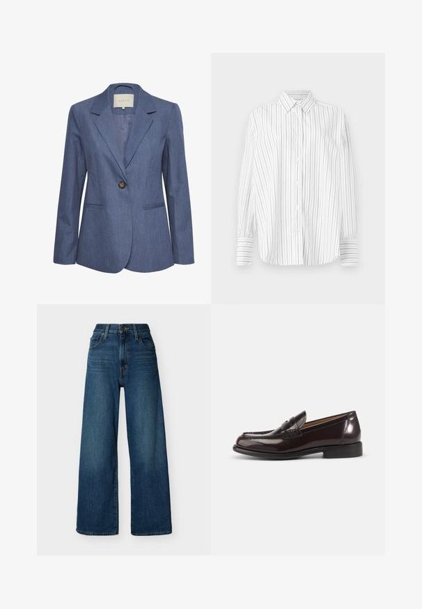 Blå denimblazer med spidse lapels, enkel knaplukning og to forlommer. Glat tekstur og skræddersyet pasform.; Hvid langærmet skjorte med knapper og tynde lodrette sorte striber samt en spids krave, præsenteret på en ensfarvet baggrund.; Blå denimjeans med høj talje og vide ben, forstærket med knap- og lynlåslukning foran, bæltestropper og forlommer på en ensfarvet baggrund.; Mørkebrune polerede læder herre penny loafer med lav hæl og syningsdetaljer på hvid baggrund.