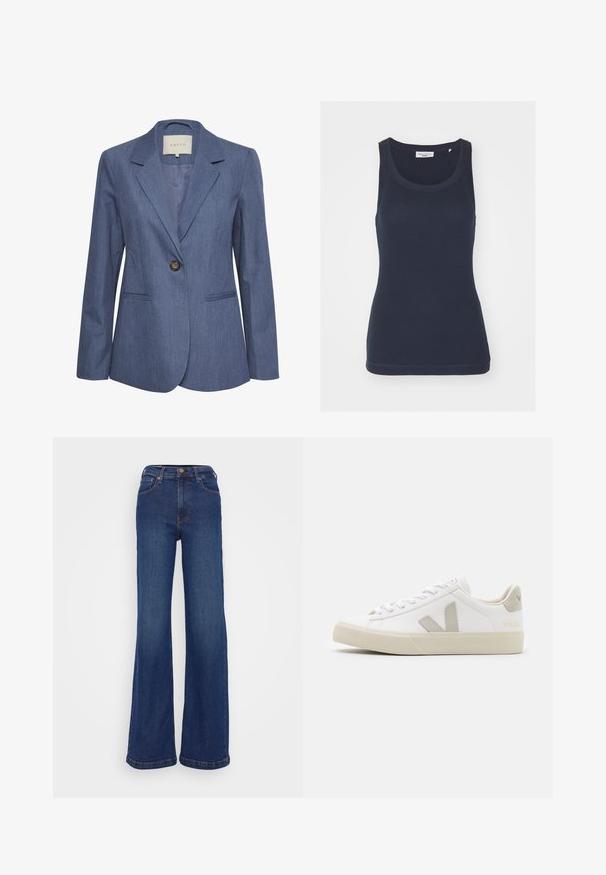 Blazer en denim bleu avec revers crantés, fermeture à un bouton et deux poches avant. Texture lisse et design ajusté.; Débardeur bleu marine en coton, avec un col rond, des bretelles étroites et une texture lisse et ajustée avec des ourlets cousus.; Jean à jambes larges en denim bleu foncé. Présente une taille haute, un design à cinq poches et une couture subtile sur les coutures.; Baskets blanches en cuir avec des accents gris en forme de V, semelle en caoutchouc texturé, lacets blancs, et languette et col rembourrés.