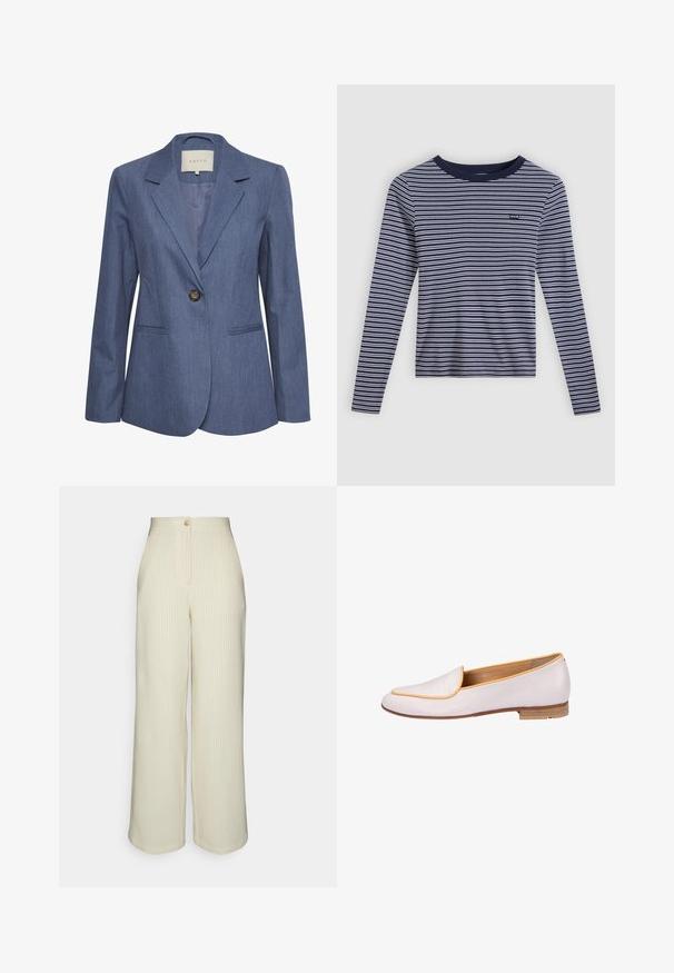 Blauer Jeansblazer mit eingelegten Revers, einem einzelnen Knopfverschluss und zwei vorderen Taschen. Glatte Textur und taillierte Passform.; Marineblaue und weiße horizontal gestreifte Langarmshirt mit Rundhalsausschnitt und kleinem Levi’s-Logo auf der linken Brust.; Emporio Armani Stoffhose - avorio; Leder-Slipper in Hellrosa mit gelben Paspeln, mit runder Zehenform und niedrigem Holzabsatz, glatter Textur und minimalistischem Design.