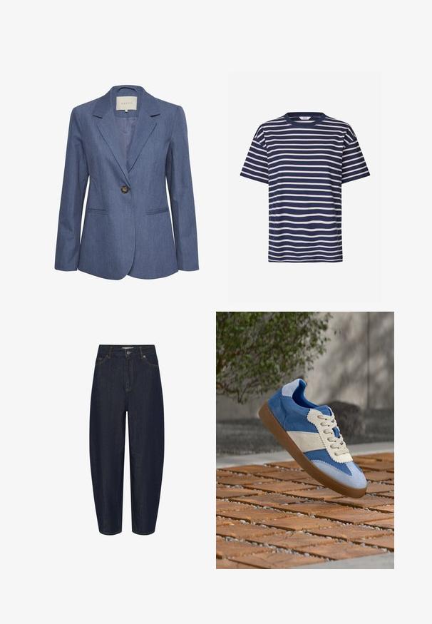 Blazer de denim azul con solapas con muesca, cierre de un solo botón y dos bolsillos frontales. Textura suave y diseño ajustado.; Envii KULLA - Camiseta estampada - navy fog; Vaqueros de tiro alto azul oscuro, corte recto, con cierre frontal de botón y cremallera, y diseño de cinco bolsillos.; Zapatilla deportiva de ante azul y blanco con suela marrón suspendida en el aire sobre un suelo de baldosas de madera al aire libre cerca de una pared y un arbusto verde.