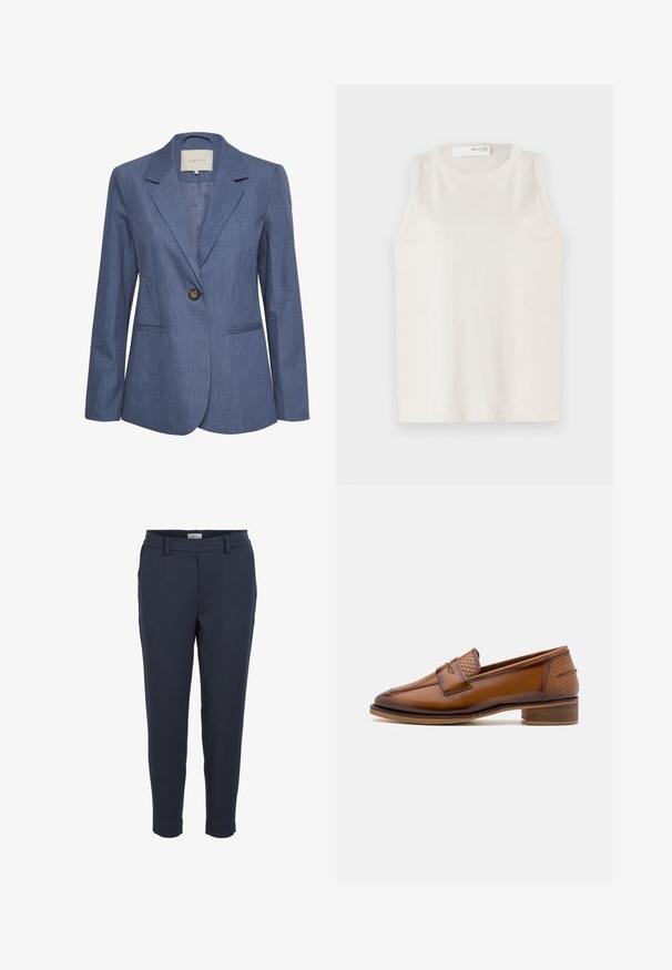 Blauwe denim blazer met gekartelde revers, een enkele knoopsluiting en twee zijzakken. Glad textuur en op maat gemaakte pasvorm.; Witte mouwloze top van zachte, gladde stof. Heeft een ronde halslijn en een eenvoudig ontwerp zonder versieringen of patronen.; Marineblauwe broek van een gladde stof met een taps toelopend ontwerp, zijzakken en een elastische tailleband voor comfort. Flat front zonder patronen.; Bruine leren loafers met een gewoven voorpaneel, ronde neus en lage, gestapelde hak. Glad oppervlak met subtiele stiksels.