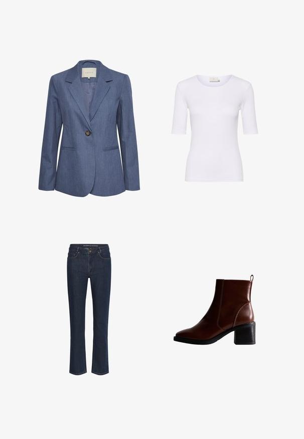 Blauwe denim blazer met gekartelde revers, een enkele knoopsluiting en twee zijzakken. Glad textuur en op maat gemaakte pasvorm.; Witte nauwsluitende t-shirt van gladde stof, met een ronde halslijn en korte mouwen, zonder zichtbare patronen of accenten.; Donkerblauwe rechte spijkerbroek met voorzakken, riemlussen en knoopsluiting.; Bruin lederen enkellaars met een vierkante neus en zijnaad, een gestapelde hak van 7,5 cm en een lus aan de achterkant voor gemakkelijk aan- en uittrekken.