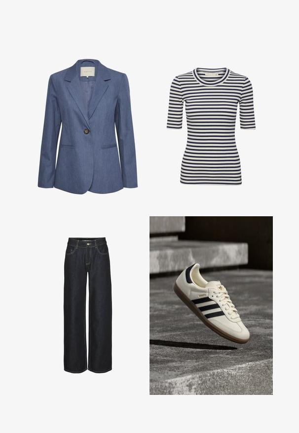 Blå denimblazer med spidse lapels, enkel knaplukning og to forlommer. Glat tekstur og skræddersyet pasform.; Marineblå og cremefarvet stribet ribbet skjorte med rund halsudskæring og korte ærmer, som har en slank pasform og tekstureret stof.; Mørkeblå lige ben jeans med frontlommer, bæltestropper og gule kontrastsyninger, vist på en hvid baggrund.; Hvid Adidas Samba sneaker med sorte striber og gummsål, svævende over teksturerede grå betonstrin.