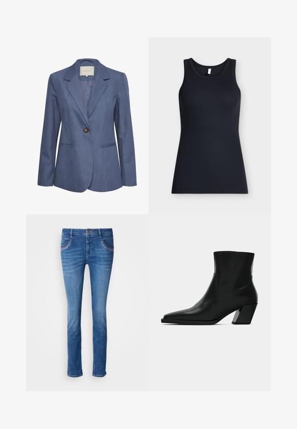 Blauer Jeansblazer mit eingelegten Revers, einem einzelnen Knopfverschluss und zwei vorderen Taschen. Glatte Textur und taillierte Passform.; Schwarzes ärmelloses, geripptes Tanktop mit rundem Ausschnitt, flach auf hellem Hintergrund dargestellt.; Blaue Jeans aus Denim mit geradem Schnitt, Fünf-Taschen-Design, abgesteppten Akzenten an den Taschen und einer dezenten verwaschenen Textur.; Schwarze Leder-Stiefelette mit spitzem Zeh, schlanker Silhouette und klobigem quadratischem Absatz. Glatte Textur mit minimalen Nähdetails.