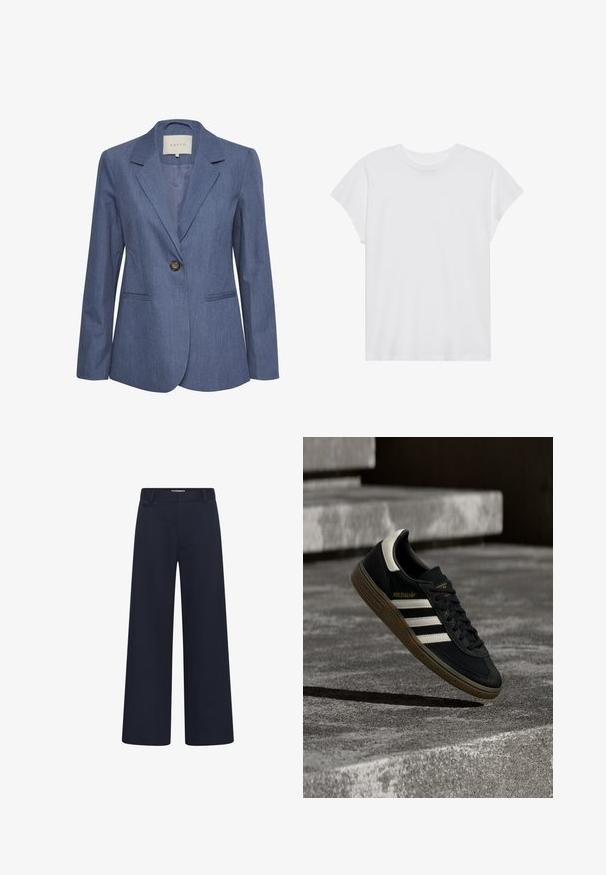 Blauwe denim blazer met gekartelde revers, een enkele knoopsluiting en twee zijzakken. Glad textuur en op maat gemaakte pasvorm.; Witte t-shirt met korte mouwen, ronde hals, relaxte pasvorm, gemaakt van zacht katoen. Glad textuur, geen patronen of logo's.; Donkerblauwe wijde broek met riemlussen en een enkele achterste steekzak, ontworpen voor een rechte en losse pasvorm.; Zwarte Adidas sneaker met witte strepen en gumzool die boven grijze betonnen trappen zweeft in natuurlijk licht.