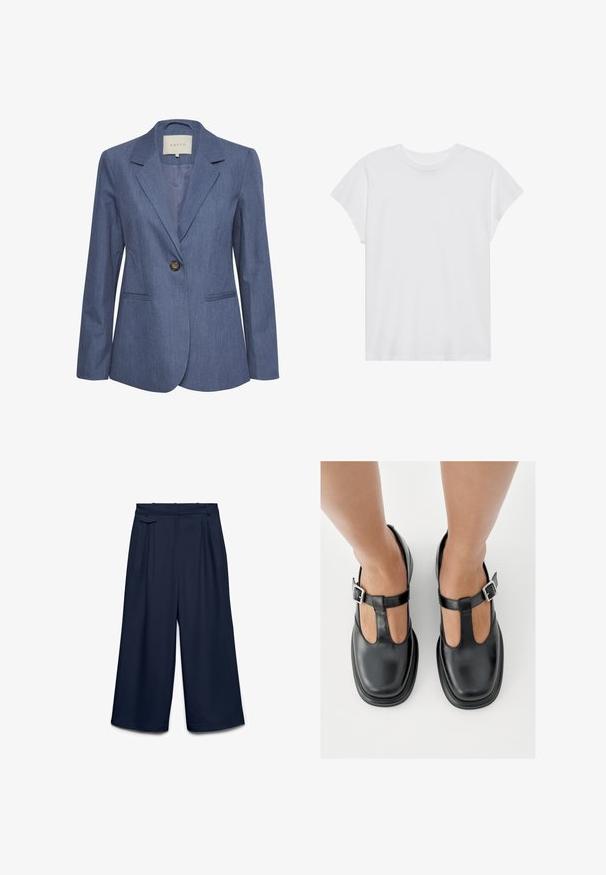 Blauwe denim blazer met gekartelde revers, een enkele knoopsluiting en twee zijzakken. Glad textuur en op maat gemaakte pasvorm.; Witte t-shirt met korte mouwen, ronde hals, relaxte pasvorm, gemaakt van zacht katoen. Glad textuur, geen patronen of logo's.; Navyblauwe, wijd uitlopende cropped broek met plooien, riemlussen en een zijflapdetail op de tailleband.; Zwarte leren schoenen met een T-bandontwerp, gesloten teensluiting en zilverkleurige gespdetails. Glad oppervlak met een ronde neus en platte zool.