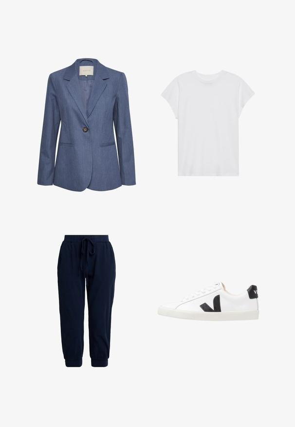 Blauer Jeansblazer mit eingelegten Revers, einem einzelnen Knopfverschluss und zwei vorderen Taschen. Glatte Textur und taillierte Passform.; Weißes kurzärmliges T-Shirt mit Rundhalsausschnitt, lockerer Passform, aus weichem Baumwollstoff. Glatte Textur, keine Muster oder Logos.; Marineblaue Jogginghosen aus weichem Stoff. Verfügen über einen elastischen Bund mit Kordelzug und abgesteppte Beinabschlüsse für eine lockere Passform.; Weißer Sneaker mit einem schwarzen V-Logo, ausgestattet mit einem glatten Lederoberteil, runder Zehenpartie, Schnürverschluss und kontrastierendem schwarzen Fersenbereich.