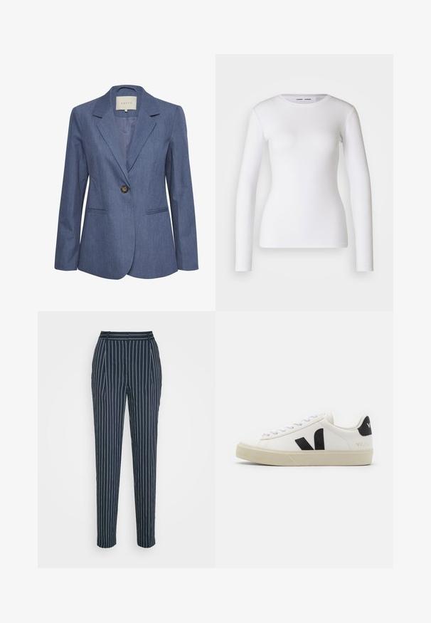 Blauwe denim blazer met gekartelde revers, een enkele knoopsluiting en twee zijzakken. Glad textuur en op maat gemaakte pasvorm.; Witte longsleeve shirt van ribstof, met een ronde halslijn en een getailleerde vorm. Er zijn geen patronen of accenten aanwezig.; Samsøe Samsøe AGNETA TROUSERS - Broek - salute; Witte leren sneaker met zwart rubberen V-logo. Getextureerde off-white zool, witte veters en een achterkant met een detail van de merknaam in het zwart.