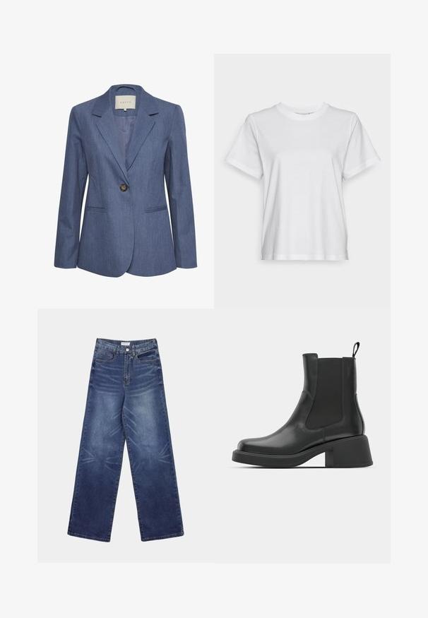 Blauwe denim blazer met gekartelde revers, een enkele knoopsluiting en twee zijzakken. Glad textuur en op maat gemaakte pasvorm.; Witte katoenen t-shirt met korte mouwen, ronde hals en een ontspannen pasvorm. Soepele textuur, zonder patroontjes of graphics, basisontwerp.; Wijde spijkerbroek in donkerblauw, met een hoge taille, opvallende vervaging aan de voorkant en klassieke vijfzakkenstijl.; Zwarte leren enkellaarsjes met elastische zijpanelen, ronde neus en een stevige blokhak. Gladde textuur met een minimalistisch ontwerp.
