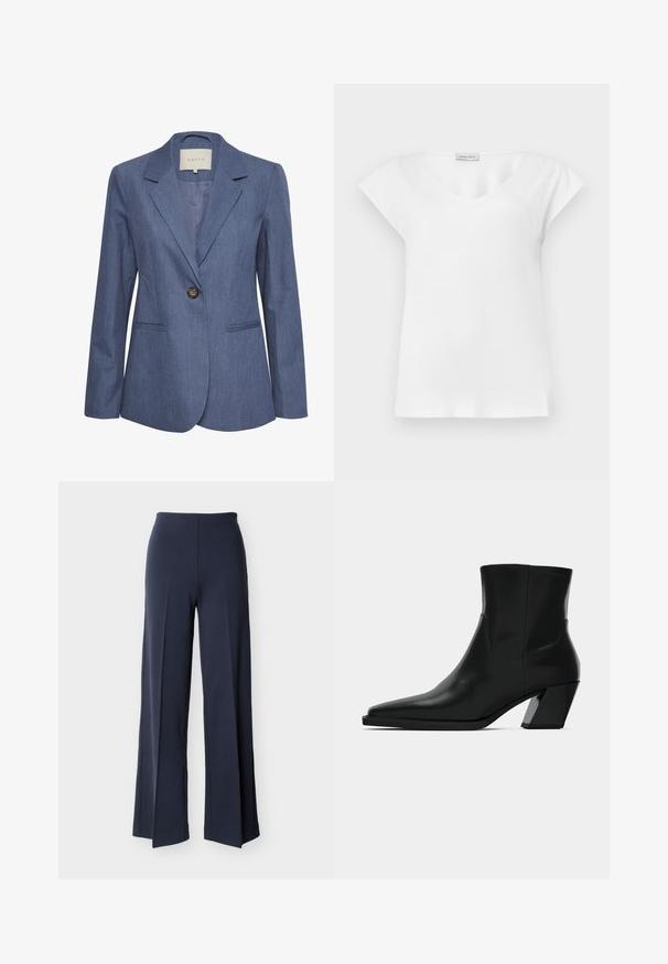 Blazer de denim azul con solapas con muesca, cierre de un solo botón y dos bolsillos frontales. Textura suave y diseño ajustado.; Blusa blanca de manga corta con escote redondo y una pequeña etiqueta de marca cerca del cuello.; Pantalones azul marino de pierna ancha con aberturas laterales, cintura alta y parte delantera lisa, exhibidos sobre un fondo blanco.; Bota de tobillo de cuero negro con punta afilada, una silueta elegante y un tacón cuadrado grueso. Textura suave con detalles de costura mínimos.