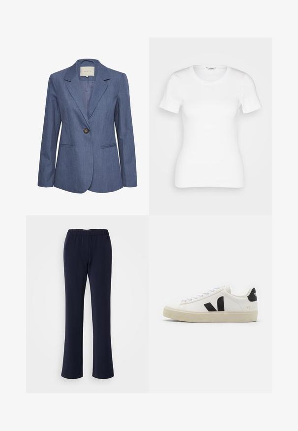 Blazer de denim azul con solapas con muesca, cierre de un solo botón y dos bolsillos frontales. Textura suave y diseño ajustado.; Camiseta de algodón blanca con mangas cortas, cuello redondo y textura acanalada. Diseño ajustado con un acabado suave y limpio.; Pantalones de pierna recta en azul marino, confeccionados con tela elástica, con cintura elástica y dos bolsillos delanteros. Textura lisa, sin patrones visibles.; Zapatilla de cuero blanca con logo V de goma negra. Suela texturizada en blanco roto, cordones blancos y detalle en el talón trasero con el nombre de la marca en negro.