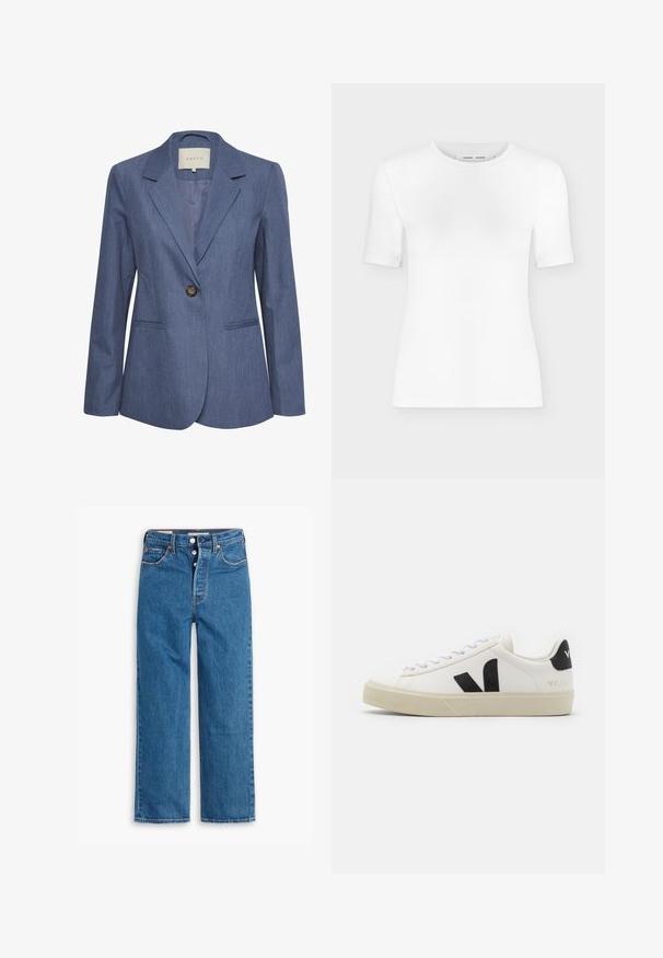 Blå denimblazer med spidse lapels, enkel knaplukning og to forlommer. Glat tekstur og skræddersyet pasform.; Hvid T-shirt med rund hals, korte ærmer, slank pasform og ribbet stofstruktur, vist på en ensfarvet lys grå baggrund.; Blå denim lige ben jeans med høj talje, fem lomme design og knaplukning. Markante syninger og kobberfarvede nitter.; Hvide lædersneakers med sort gummiv V-logo. Tekstureret off-white sål, hvide snørebånd og bagside med brandnavn i sort.