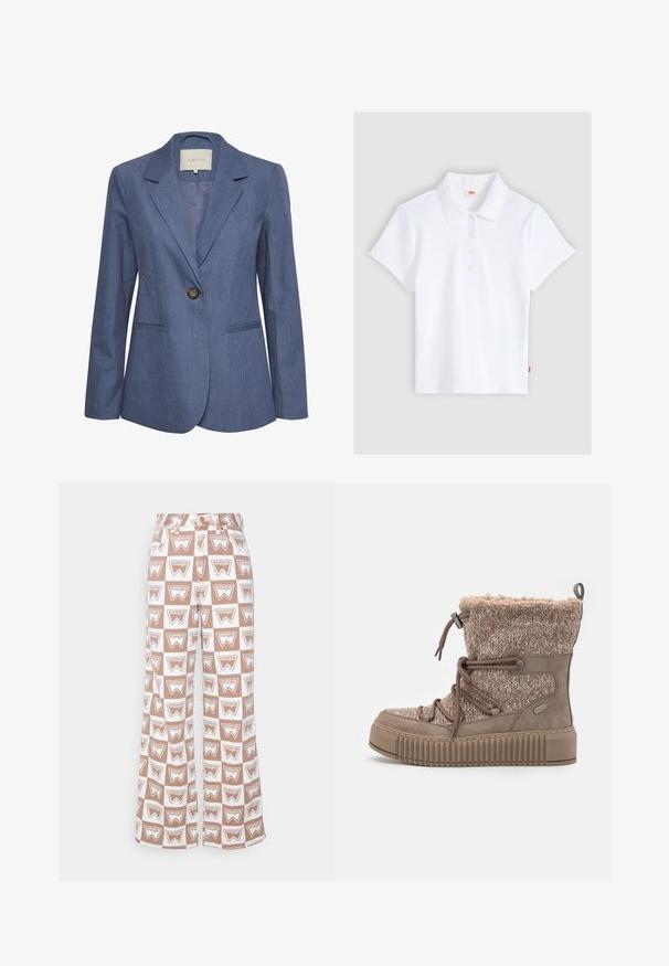 Blå denimblazer med spidse lapels, enkel knaplukning og to forlommer. Glat tekstur og skræddersyet pasform.; Hvid kortærmet ribbet poloshirt med krave og fire knapper, lagt fladt ud på en lysegrå baggrund.; Breddebenede bukser med beige og hvid ternet mønster, der har gentagne Wrangler-logoer over stoffet.; Brune strikkede ankelstøvler med suedebetræk, tekstureret stofoverdel, justerbar snørelukning og en tyk, ribbet sål. Blød, plysch krave.