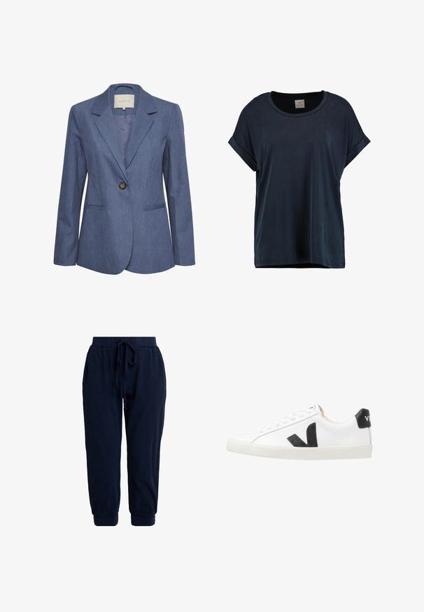 Blauer Jeansblazer mit eingelegten Revers, einem einzelnen Knopfverschluss und zwei vorderen Taschen. Glatte Textur und taillierte Passform.; Dunkelmarineblaues T-Shirt mit kurzen Ärmeln aus einem weichen, glatten Stoff, ausgestattet mit einem runden Halsausschnitt und umgeschlagenen Ärmeln, in lockerer Passform und ohne sichtbare Muster.; Marineblaue Jogginghosen aus weichem Stoff. Verfügen über einen elastischen Bund mit Kordelzug und abgesteppte Beinabschlüsse für eine lockere Passform.; Weißer Sneaker mit einem schwarzen V-Logo, ausgestattet mit einem glatten Lederoberteil, runder Zehenpartie, Schnürverschluss und kontrastierendem schwarzen Fersenbereich.