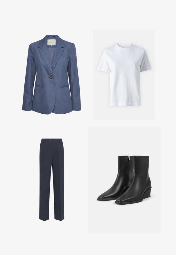 Blauwe denim blazer met gekartelde revers, een enkele knoopsluiting en twee zijzakken. Glad textuur en op maat gemaakte pasvorm.; Witte katoen t-shirt met een ronde hals, korte mouwen, een rechte snit en een gladde textuur. Geen patronen of versieringen.; Marineblauwe, op maat gemaakte broek met een rechte pijpdesign, voorzien van een sluiting met een knoop aan de voorkant en subtiele plooidetails. Glad stoftextuur.; Een paar zwarte leren enkellaarsjes met puntige neuzen, sleehakken en zijritssluitingen op een effen lichte achtergrond.