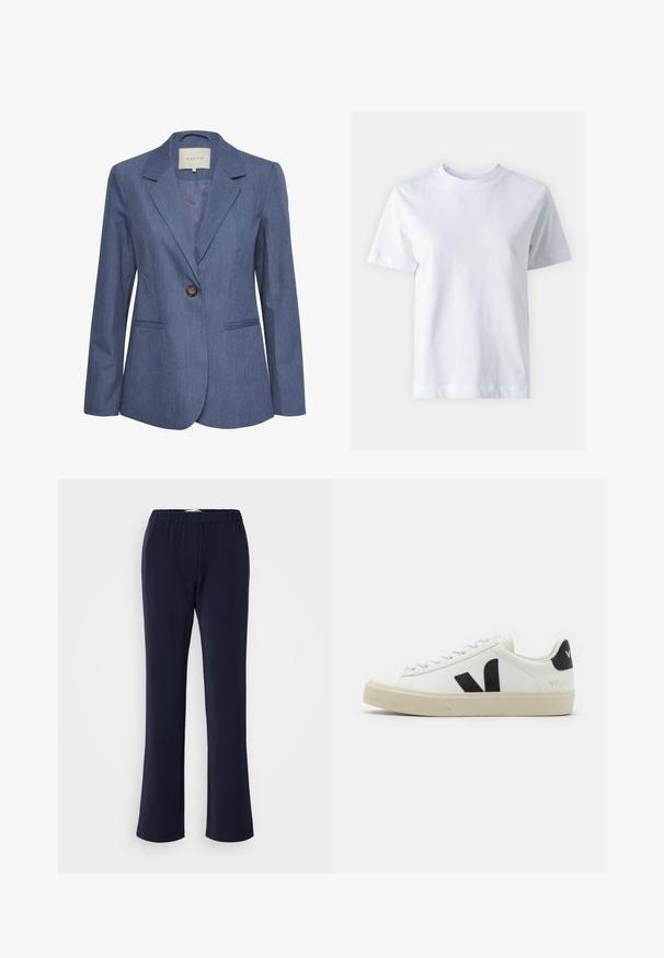 Blå denimblazer med spidse lapels, enkel knaplukning og to forlommer. Glat tekstur og skræddersyet pasform.; Hvid bomulds t-shirt med rund halsudskæring, korte ærmer, lige snit og glat tekstur. Ingen mønstre eller dekorationer.; Marineblå bukser med lige ben lavet af strækstof med elastisk talje og to forlommer. Glat tekstur uden synlige mønstre.; Hvide lædersneakers med sort gummiv V-logo. Tekstureret off-white sål, hvide snørebånd og bagside med brandnavn i sort.