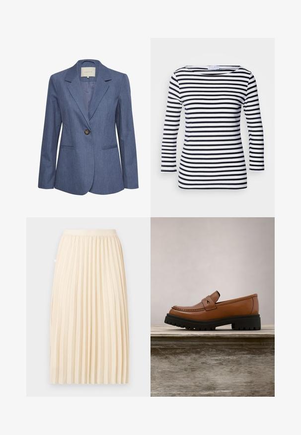 Blazer de denim azul con solapas con muesca, cierre de un solo botón y dos bolsillos frontales. Textura suave y diseño ajustado.; Top de manga larga a rayas en azul marino y blanco con un escote amplio y tejido suave y elástico. Presenta rayas horizontales uniformes en toda su extensión.; Falda midi plisada color crema con una cinturilla ajustada, colgando recta contra un fondo liso.; Mocasín de cuero marrón con suela gruesa negra flotando sobre una superficie de madera, con hierba alta y verde de fondo.