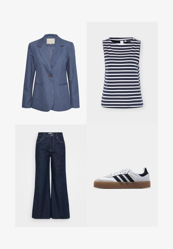 Blazer en denim bleu avec revers crantés, fermeture à un bouton et deux poches avant. Texture lisse et design ajusté.; Haut sans manches rayé horizontal bleu marine et blanc avec col rond, en tissu coton doux, présenté sur fond uni.; Pantalon large en denim foncé avec une taille haute, doté de poches avant, de surpiqûres contrastantes et d'un ourlet propre.; Baskets en cuir blanc avec des rayures noires, semelle extérieure en caoutchouc beige, bout rond, fermeture lacée et embout en suède gris doux.
