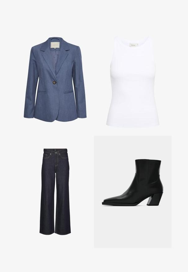 Blå denimblazer med spidse lapels, enkel knaplukning og to forlommer. Glat tekstur og skræddersyet pasform.; Hvid ribbet tanktop med rund halsudskæring og uden ærmer. Strækbart stof og tætsiddende design. Etiketten bagpå viser "GESTUZ."; Højtaljede brede bukser i mørk denim. Har klassisk stikning, fem lommer og knaplukning foran.; Sortlæder ankelstøvle med spids tå, en slank silhuet og en kraftig firkantet hæl. Glat tekstur med minimale stikninger.