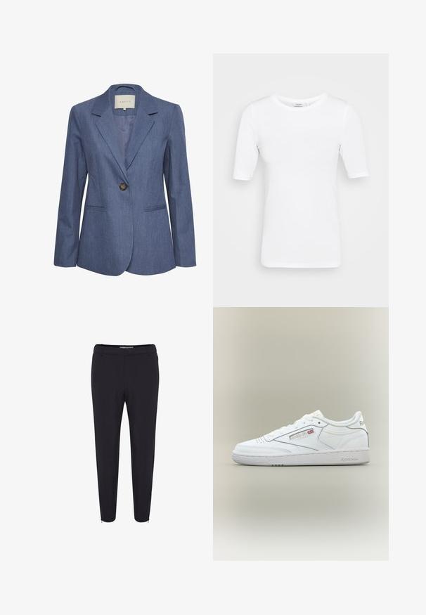 Blauer Jeansblazer mit eingelegten Revers, einem einzelnen Knopfverschluss und zwei vorderen Taschen. Glatte Textur und taillierte Passform.; Weißes, leichtes, eng anliegendes T-Shirt mit Rundhalsausschnitt und kurzen Ärmeln, das eine glatte Textur hat und keine sichtbaren Muster aufweist.; Schwarze maßgeschneiderte Hose mit schlanker Passform, ausgestattet mit Seitentaschen und Reißverschlüssen an den Knöcheln für anpassbaren Sitz und Stil.; Weißer Reebok Low-Top Sneaker mit Nahtdetails, Perforationen nahe den Zehen und Reebok-Logo mit kleinem Union Jack an der Seite.