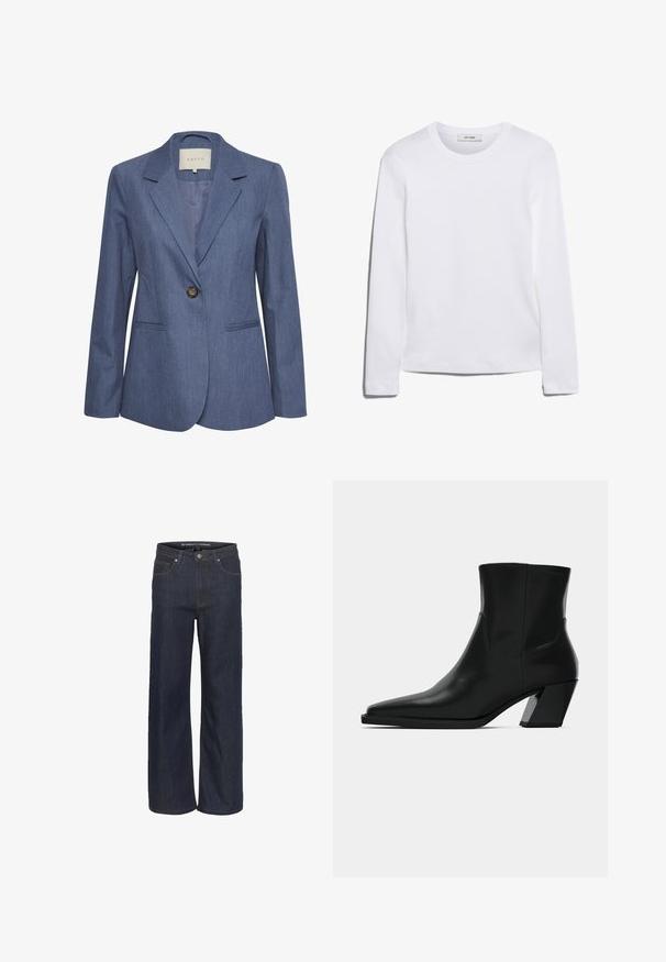 Blauwe denim blazer met gekartelde revers, een enkele knoopsluiting en twee zijzakken. Glad textuur en op maat gemaakte pasvorm.; Wit T-shirt met lange mouwen, gemaakt van ribgebreide katoen, met een ronde halslijn en een rechte zoom. Eenvoudig ontwerp zonder patronen of accenten.; Donkerdenim wijde pijpen jeans met een hoge taille, voorzien van vijf zakken, contrasterende stiksels en een ruwe zoom aan de onderkant.; Zwarte leren enkelboot met een spitse neus, een slanke silhoeet en een chunky vierkante hak. Gladde textuur met minimale stikdetails.