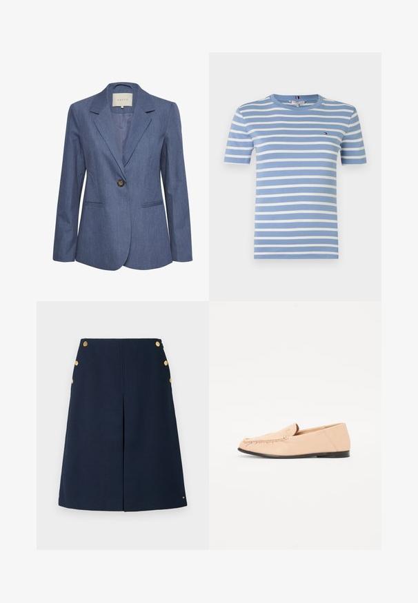 Blå denimblazer med spidse lapels, enkel knaplukning og to forlommer. Glat tekstur og skræddersyet pasform.; Lyseblå bomulds T-shirt med hvide vandrette striber, korte ærmer, rund hals og et lille logo på venstre bryst.; Marineblå struktureret A-linje nederdel med front central plissé og to rækker af tre guldknapper på hver side nær taljen.; Beige læder loafers med syet detaljer, en flad sort sål og en rund tå. Minimalistisk design uden fremtrædende hardware eller accenter.