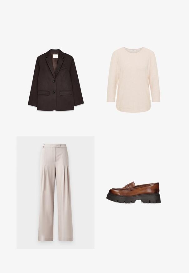 Brauner Blazer mit strukturiertem Finish, ausgestattet mit einem Reverskragen, zwei Taschen vorne und einem Ein-Knopf-Verschluss.; Helles beige Langarmshirt aus strukturiertem Strickstoff. Verfügt über einen runden Ausschnitt und eine lässige Passform mit einem abgerundeten Saum.; Beige Weite-Leggings mit glatter Textur, gefaltetem Vorderdesign und tailliertem Bund. Geeignet für formelle oder legere Anlässe.; Braune Lederloafers mit einer klobigen schwarzen Plattformsohle. Sie verfügen über eine runde Zehenform und eine dekorative Riemenverzierung über dem Schaft.