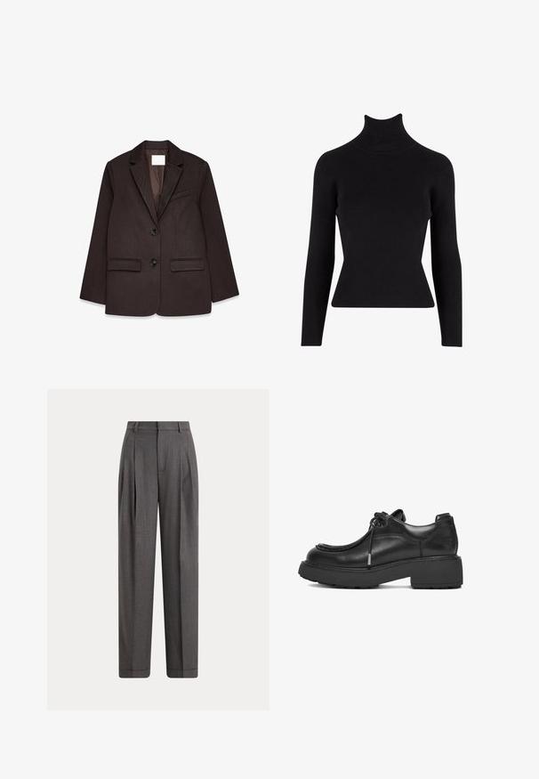 Blazer marrón con un acabado texturizado, que presenta solapas con muesca, dos bolsillos frontales y un cierre de un solo botón.; Suéter negro de cuello alto con relieve, de manga larga, silueta ajustada, tejido texturizado y cuello alto.; Pantalones a medida gris oscuro de talle alto con pliegues delanteros, trabillas para cinturón, bolsillos laterales y piernas anchas y rectas.; Zapato de cuero negro con punta redondeada, suela gruesa de goma y detalle de cordones. Presenta costuras en la parte superior y acentos plateados.
