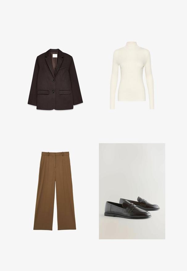 Brauner Blazer mit strukturiertem Finish, ausgestattet mit einem Reverskragen, zwei Taschen vorne und einem Ein-Knopf-Verschluss.; Weißes langärmliges Rollkragenoberteil aus glattem Stoff mit figurbetonter Passform, hohem Kragen und minimalistischem Design.; Reiss SOLENE WIDE LEG - Stoffhose - tan; Schwarze Lederloafers mit einem eleganten Design, flacher Sohle und dekorativen Riemen. Smoothe Textur mit subtiler Eleganz und minimalistischen Akzenten.
