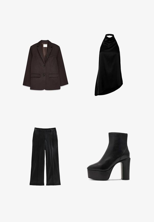 Bruine blazer met een gestructureerde afwerking, voorzien van een notch-kraag, twee voorzakken en een enkele knoopsluiting.; Zwarte satijnen halterjurk met asymmetrische zoom, mouwloos en een hoge halslijn met achterstriksluiting.; Zwarte neplederen wijde broek met plooien, voorzakken, een zachte textuur en een op maat gemaakte pasvorm. Heeft een middelhoge taille.; Zwarte leren enkelboot met een spitse neus en een hoge blokhak. Voorzien van een platformzool en een gladde textuur zonder zichtbare hardware.