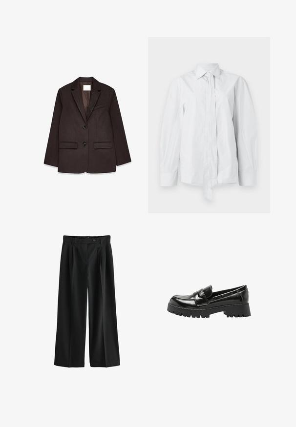 Bruine blazer met een gestructureerde afwerking, voorzien van een notch-kraag, twee voorzakken en een enkele knoopsluiting.; Wit, lang mouwshirt met een klassieke kraag en een verlengde voorknoop. Gemaakt van een gladde stof, met een ontspannen pasvorm en zonder patronen.; Zwarte broek met wijde pijpen, plooien, riemlussen en een knoopsluiting in de tailleband.; Zwarte leren loafer met dikke profielzool en lage blokhak, met een moc-sneer en banddetail over de bovenkant.