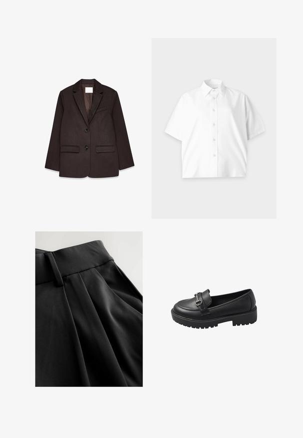 Brauner Blazer mit strukturiertem Finish, ausgestattet mit einem Reverskragen, zwei Taschen vorne und einem Ein-Knopf-Verschluss.; Weißes kurzärmeliges Hemd mit Knopfleiste und Kragen, schlichtes Design und dezentes Logo auf der Brust, auf hellem Hintergrund dargestellt.; Schwarze Hose mit einer glatten, leichten Textur, ausgestattet mit einem maßgeschneiderten Bund und einem vorn plissierten Design, das eine strukturierte Silhouette betont.; Schwarze Lederloafer mit runder Zehenpartie, einem dekorativen Gurt und Schnallendetail sowie einer chunky strukturierten Sohle für besseren Halt.