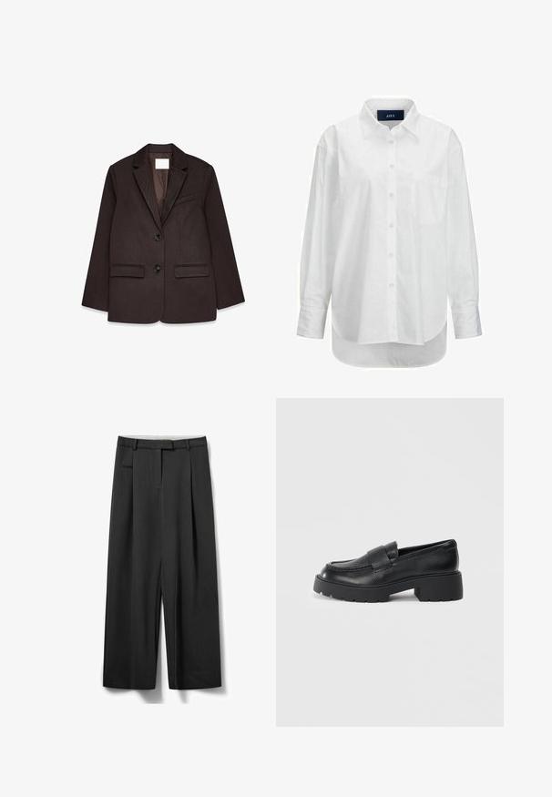 Brauner Blazer mit strukturiertem Finish, ausgestattet mit einem Reverskragen, zwei Taschen vorne und einem Ein-Knopf-Verschluss.; Weißes Langarmhemd aus glattem Baumwollstoff mit Button-Down-Kragen, Brusttasche und abgerundetem Saum. Verfügt über eine Schulterpasse für zusätzliche Struktur.; Weit geschnittene schwarze Hosen aus einem Stoff mit glatter Textur, mit Falten, Seitentasche und einem Bund mit Gürtelschlaufen.; Schwarze Lederloafers mit strukturiertem Finish, ausgestattet mit einem rechteckigen Riemen über dem Spann und einem stabilen, gezackten Sohlen-Design.