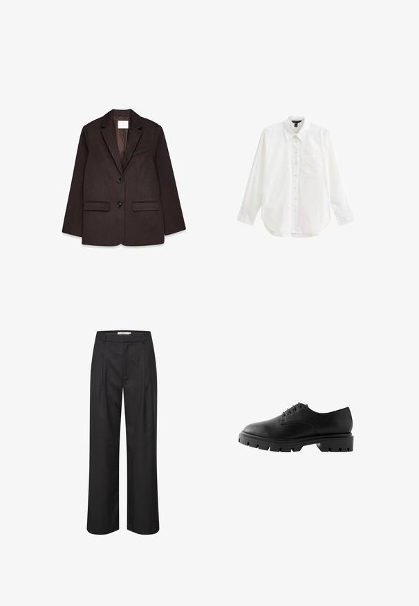 Bruine blazer met een gestructureerde afwerking, voorzien van een notch-kraag, twee voorzakken en een enkele knoopsluiting.; Witte langek mouw shirt van katoen, met een knopenlijst aan de voorkant, kraag, enkele borstzak en een ronde onderrand. Glad van textuur.; Zwarte wijde broek met een gladde textuur, geplooide voorkant, riemlussen en een getailleerd ontwerp. Het materiaal zorgt voor een gepolijste uitstraling.; Zwarte leren schoen met een ronde neus, zes veterogen, platte veters en een stevige rubberen zool met diepe profielpatronen.