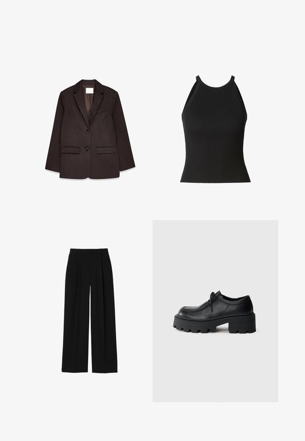 Brauner Blazer mit strukturiertem Finish, ausgestattet mit einem Reverskragen, zwei Taschen vorne und einem Ein-Knopf-Verschluss.; Schwarzes geripptes, gestricktes ärmelloses Top mit hohem Kragen und figurbetonter Silhouette.; Schwarze Hose mit hoher Taille, weitem Bein, Gürtelschlaufen und vorderen Bügelfalten, dargestellt auf weißem Hintergrund.; Schwarze Leder Schnürschuhe mit einer dicken, strukturierten schwarzen Gummisohle und einer runden Spitze. Verfügt über dezente Stickdetails.