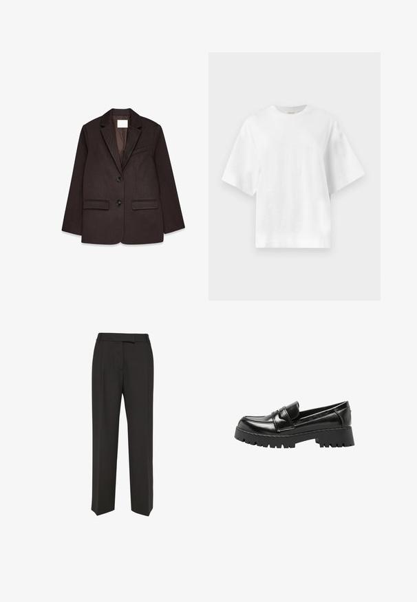 Bruine blazer met een gestructureerde afwerking, voorzien van een notch-kraag, twee voorzakken en een enkele knoopsluiting.; Effen witte oversized T-shirt met korte mouwen en ronde hals, plat afgebeeld tegen een lichtgrijze achtergrond.; Zwarte op maat gemaakte rechte broek met een hoge taille en een verborgen sluiting aan de voorkant, tegen een witte achtergrond.; Zwarte leren loafer met dikke profielzool en lage hak, met een bandje over de wreef en een moc toe ontwerp.