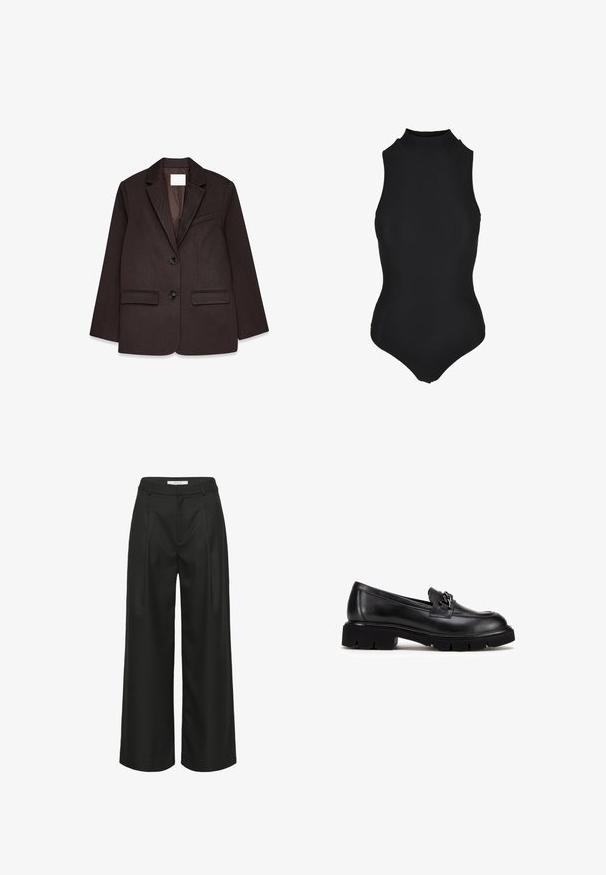 Blazer marrón con un acabado texturizado, que presenta solapas con muesca, dos bolsillos frontales y un cierre de un solo botón.; Bodysuit negro sin mangas de canalé con cuello alto y silueta ajustada.; Pantalones negros de piernas anchas con un diseño a la medida, que cuentan con una cintura alta, pliegues frontales y una textura de tela suave. Adecuados para ropa formal.; Mocasín de cuero negro con suela gruesa con dibujo y detalle decorativo de cadena en la parte superior, visto desde el lado exterior.
