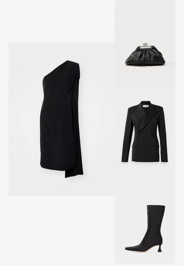 Sort skræddersyet blazer, en lang ærme, notch laps, dobbeltradet lukning, to frontlommer, struktureret stof med synlig syning.; Sort asymmetrisk kjole med én skulder, lavet af glat stof, med en draperet design og en sideslids for ekstra detaljer.; Sort læderstøvle, der går til midt på læggen, med spids tå og buet lav hæl, mod en ensartet lys baggrund.; Sort læderclutch med samlet design, sølv hardware-lås og kæderem. Diskret logo præget foran.