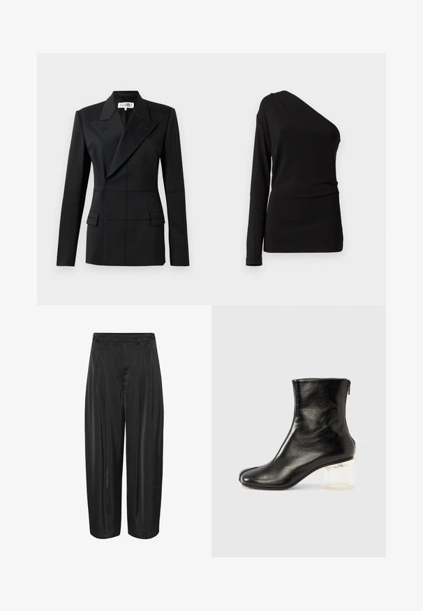 Schwarzer taillierter Blazer, ein langer Ärmel, Reverskragen, doppelte Knopfblende, zwei Fronttaschen, strukturierter Stoff mit sichtbaren Nähten.; Schwarzes langärmliges Oberteil mit asymmetrischem Ausschnitt, glatter Textur und figurbetonter Silhouette. Keine sichtbaren Muster oder Verzierungen.; Schwarze weit geschnittene Hose mit vorderen Falten, Gürtelschlaufen und knöpfbaren Seiteneinstellungen, aus glänzendem Stoff gefertigt.; Schwarzer Lederknöchelstiefel mit abgerundetem Zehenbereich und klarem Blockabsatz. Verfügt über einen Reißverschluss an der Seite und ein glattes, mattes Finish.