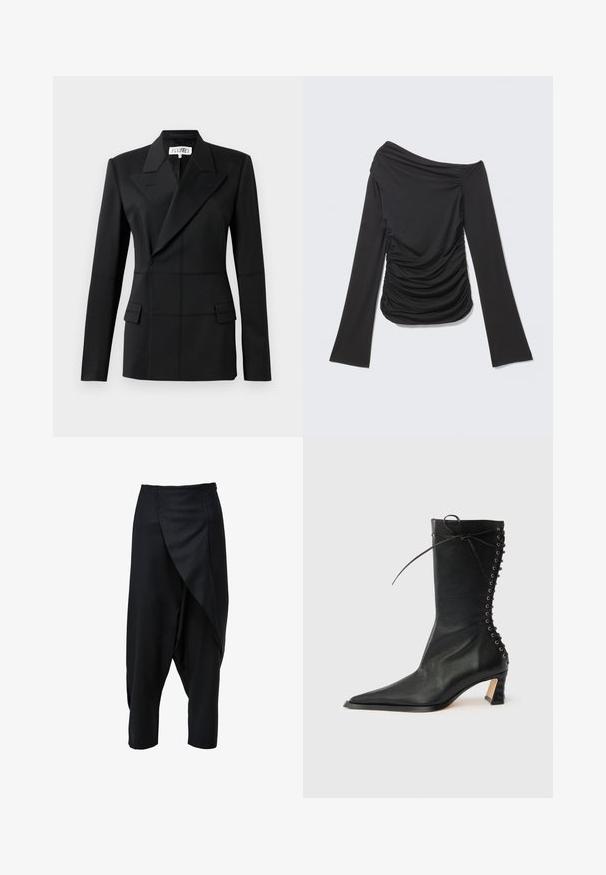 Schwarzer taillierter Blazer, ein langer Ärmel, Reverskragen, doppelte Knopfblende, zwei Fronttaschen, strukturierter Stoff mit sichtbaren Nähten.; Schwarzes asymmetrisches Langarm-Oberteil mit gerafftem Stoff auf einer Seite und weitem U-Boot-Ausschnitt.; Schwarze, kürzere Hosen mit einem drapierten Frontdesign aus glattem Stoff. Verfügen über eine taillierte Taille und schmal zulaufende Beine.; Schwarzer Leder-Stiefelette mit spitzer Zehenpartie, schlankem Absatz, Schnürdetail an der Rückseite und Metallösen. Glatte Textur mit elegantem Design.