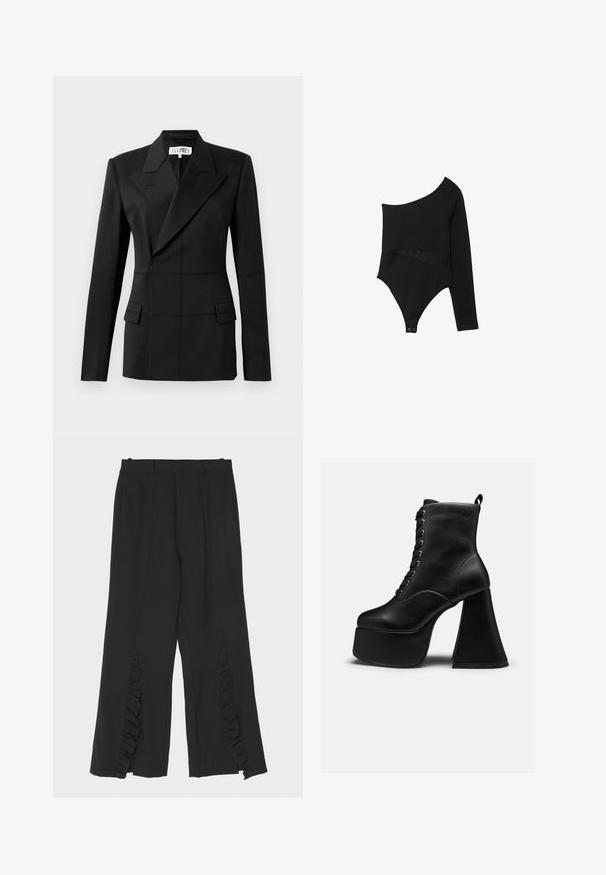 Sort skræddersyet blazer, en lang ærme, notch laps, dobbeltradet lukning, to frontlommer, struktureret stof med synlig syning.; Sort langærmet bodystocking med design på én skulder, der har en gennemsigtig cut-out sektion og trykknaplukning i bunden. Glat stoftekstur.; Sorte bukser med bred ben-design, der har flæseaccentuer ved sidesømmen og en flad talje. Glat stofstruktur, skræddersyet snit.; Sort ankellang støvle med platform, snøring foran og bred blokhæl, glat lædertekstur og trække-flig bagpå.