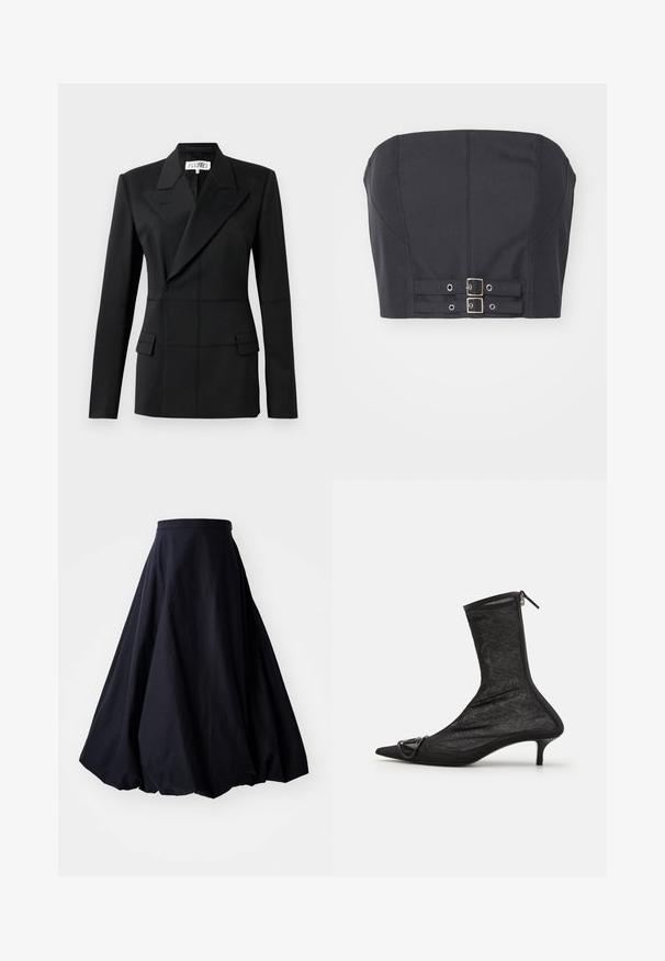 Sort skræddersyet blazer, en lang ærme, notch laps, dobbeltradet lukning, to frontlommer, struktureret stof med synlig syning.; Sort cropped top uden stropper med struktureret bodice, der har syninge og dobbelte metalspænder foran til lukning.; By Malene Birger AUBREY - Maxinederdele - black; Sorte mesh ankelstøvler med spidse tæer, lynlås og en lille hæl. Har en dekorativ spændeaccent nær tåområdet.