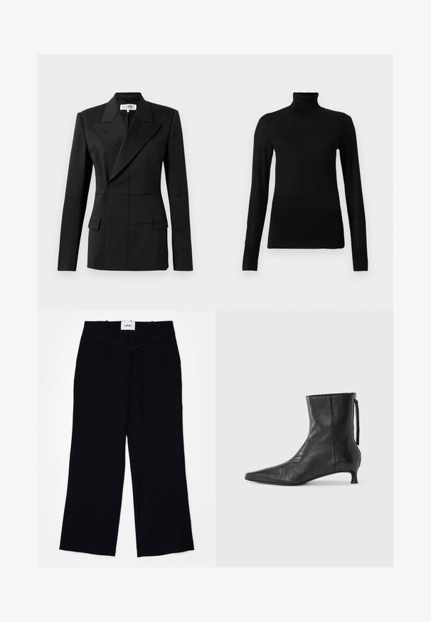 Schwarzer taillierter Blazer, ein langer Ärmel, Reverskragen, doppelte Knopfblende, zwei Fronttaschen, strukturierter Stoff mit sichtbaren Nähten.; Schwarzer Rollkragenpullover aus weichem, leichtem Material. Mit langen Ärmeln und einem taillierten Design mit hohem Kragen.; Schwarze weit geschnittene Hosen aus einem glatten Stoff. Verfügt über einen flachen Bund mit Gürtelschlaufen und einen sauberen Abschluss an den Säumen.; Schwarzer Leder-Stiefelette mit spitz zulaufender Spitze, strukturierter Form und niedrigem Absatz. Verfügt über einen Seitenreißverschluss und ein minimalistisches Design.
